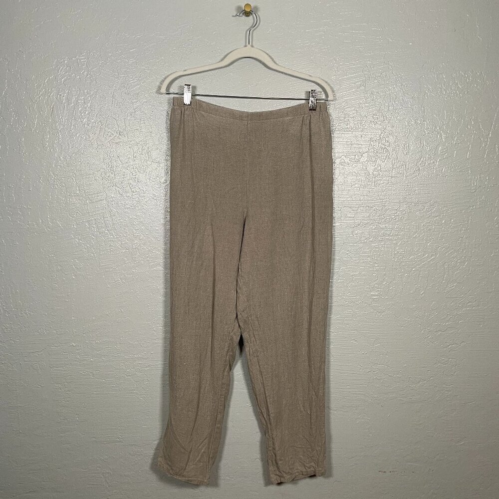Flax Women M Beige Tan Linen Pants Loose Fit Elastic Waist Pull On Lagenlook